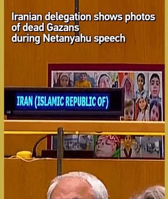 Iran’s UN Delegation Unveils Gaza Memorial During Netanyahu Speech Iran’s UN Delegation Unveils Gaza Memorial During Netanyahu Speech video poster